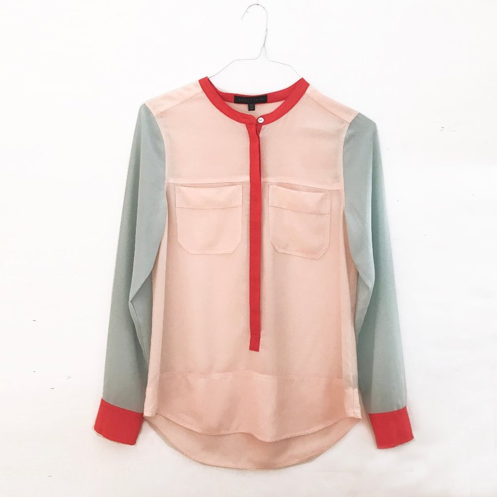 SANCTUARY Colorblock Cafe Blouse, XS, Blue/Pink